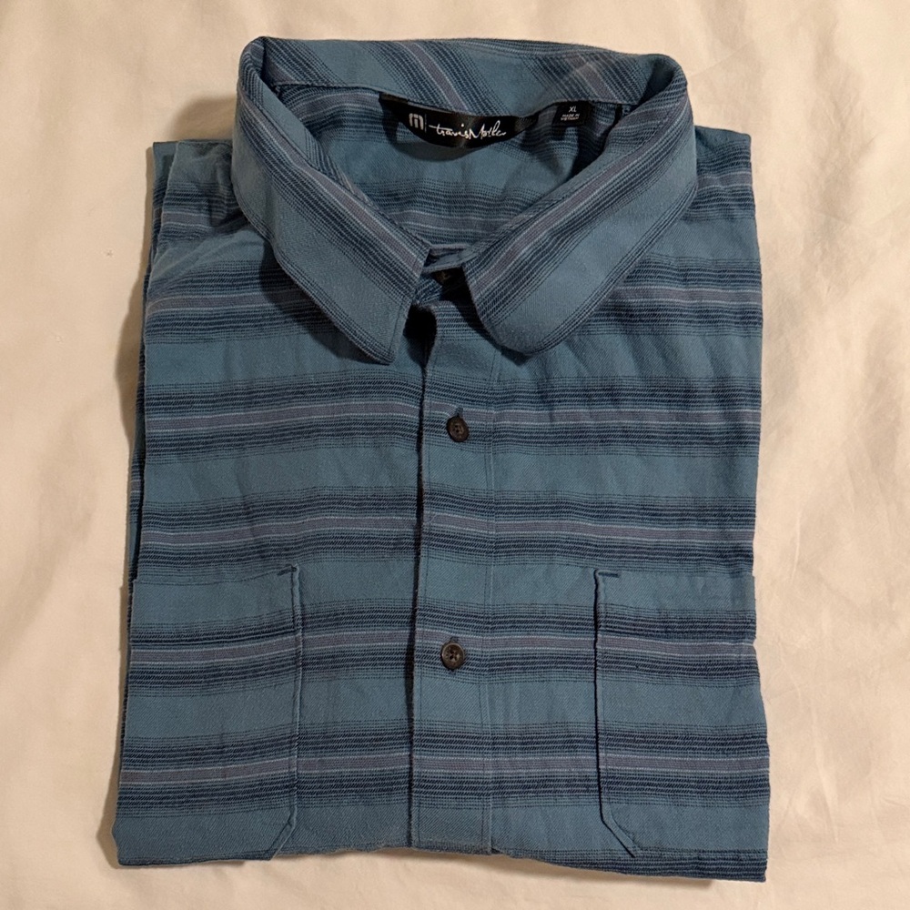 Travis Mathew Blue Striped Casual Button-Down Shirt